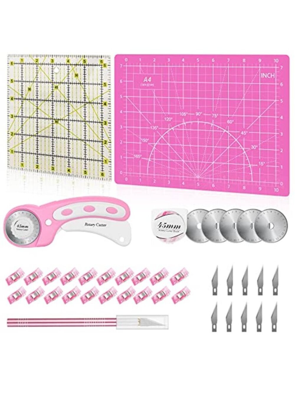 39 Pcs Rotary Cutter Set Pink - Quilting Kit incl. 45mm Fabric Cutter